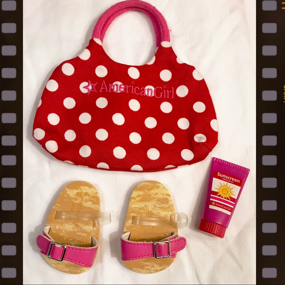 American Girl Tote, Sunscreen, and Sandals